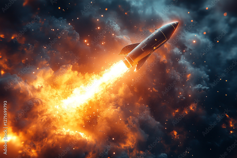 Rocket soaring through the cosmos, blazing a trail of fire and stardust Rocket soaring through the cosmos, blazing a trail of fire and stardust