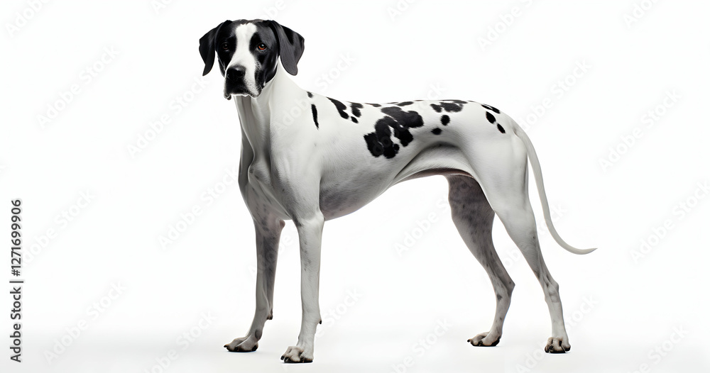 Black and white great dane standing majestically against a light background, showcasing its elegant stature and unique markings Black and white great dane standing majestically against a light background, showcasing its elegant stature and unique markings