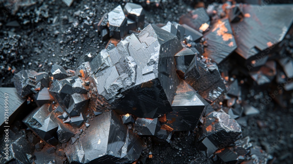 A close up view of a natural mineral specimen displaying sharp crystal formations with reflective surfaces. The dark background highlights the intricate details and textures of the mineral. A close up view of a natural mineral specimen displaying sharp crystal formations with reflective surfaces. The dark background highlights the intricate details and textures of the mineral.