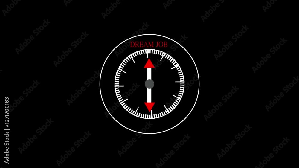 Dream job text or word with a gauge arrow on a compass, representing guidance and direction animation on black background. Dream job text or word with a gauge arrow on a compass, representing guidance and direction animation on black background.