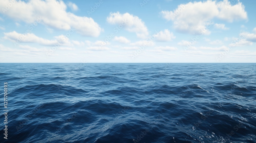 Fototapeta premium A serene view of calm ocean waves with fluffy clouds in a clear blue sky.