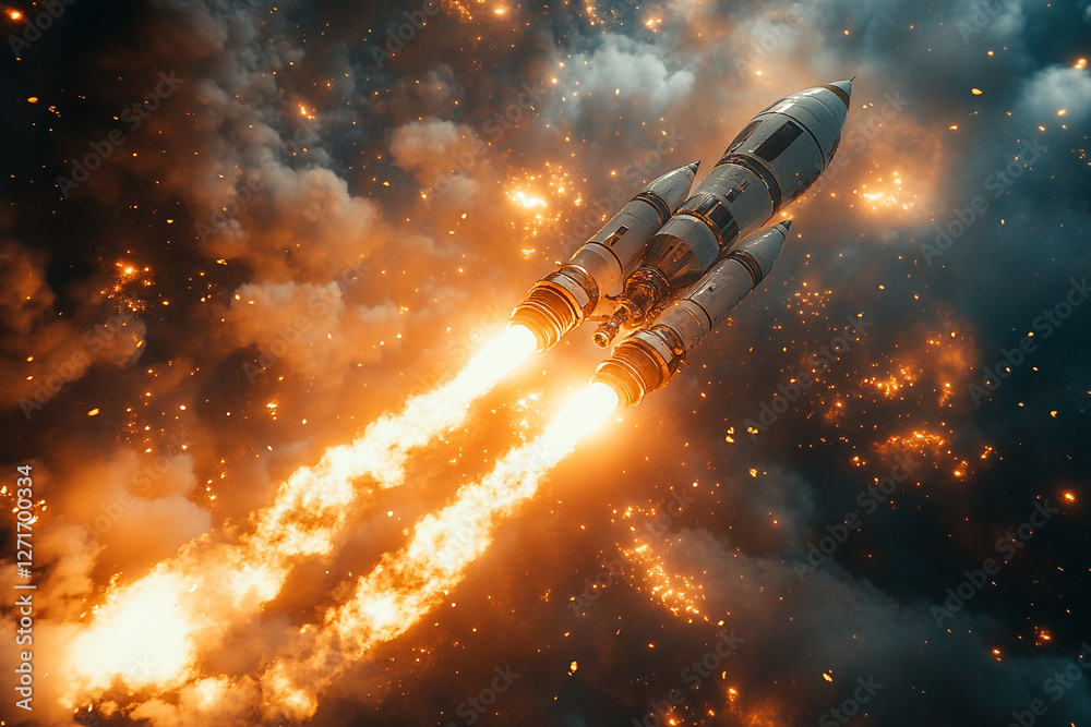 Obraz premium Blazing Ascent, A Rocket's Fiery Journey Through Celestial Clouds