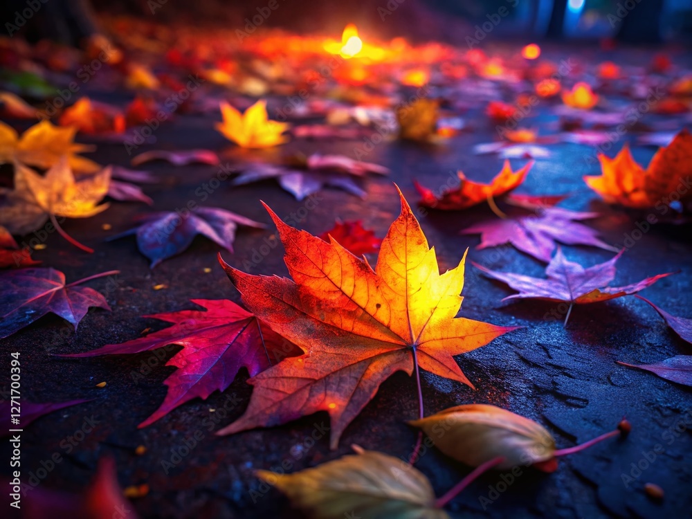 Colorful Autumn Leaves on Ground, Low Light Photography, Fall Foliage Colorful Autumn Leaves on Ground, Low Light Photography, Fall Foliage