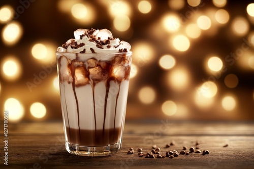 Iced chocolate is served in a glass on a wooden table with a bokeh lighting effect photo