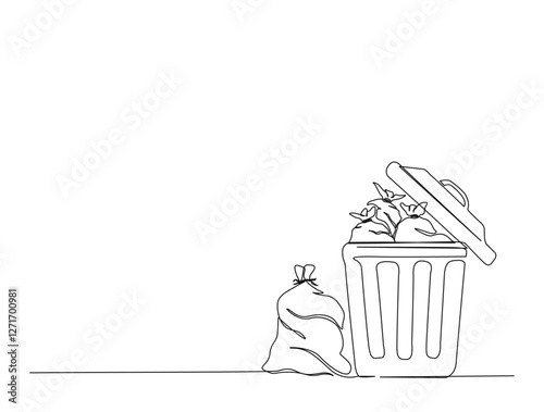 Continuous one line drawing of dirty garbage container and plastic trash bag . trash can and plastic trash sack in single line draw illustration. Editable stroke.