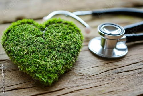 Stethoscope exploring green moss heart promoting environmental healthcare
