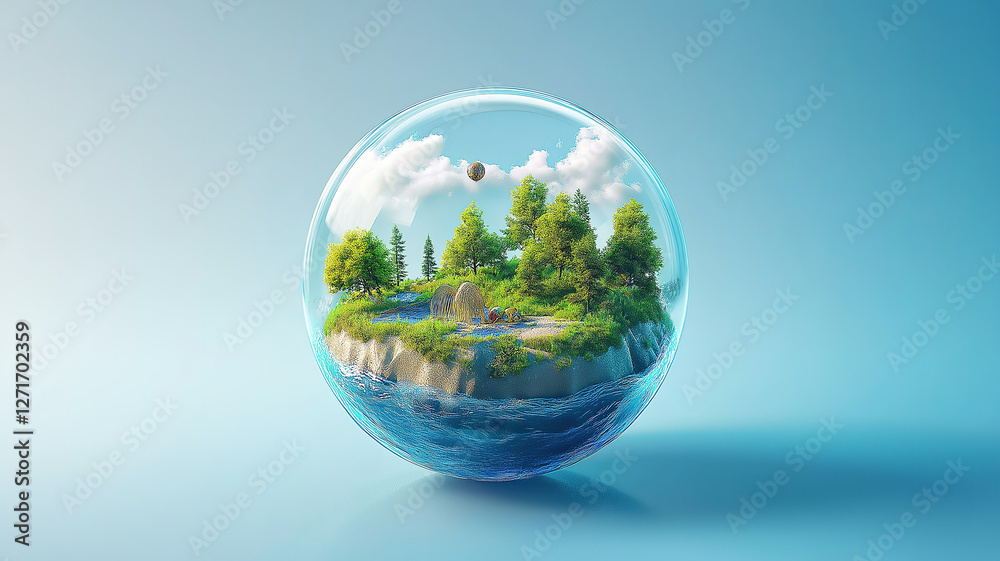 Eco-friendly world concept with a glass globe and colorful environment, highlighted by white tones
