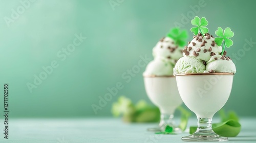 A refreshing dessert featuring two glasses of mint chocolate chip ice cream adorned with green clovers against a soft green background.