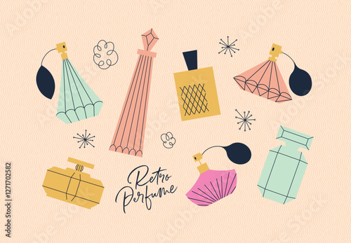 Obraz na płótnie Perfume bottle collection drawing with color in retro style on beige background w salonie
