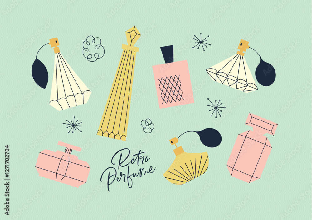 Perfume bottle collection drawing with color in retro style on green background