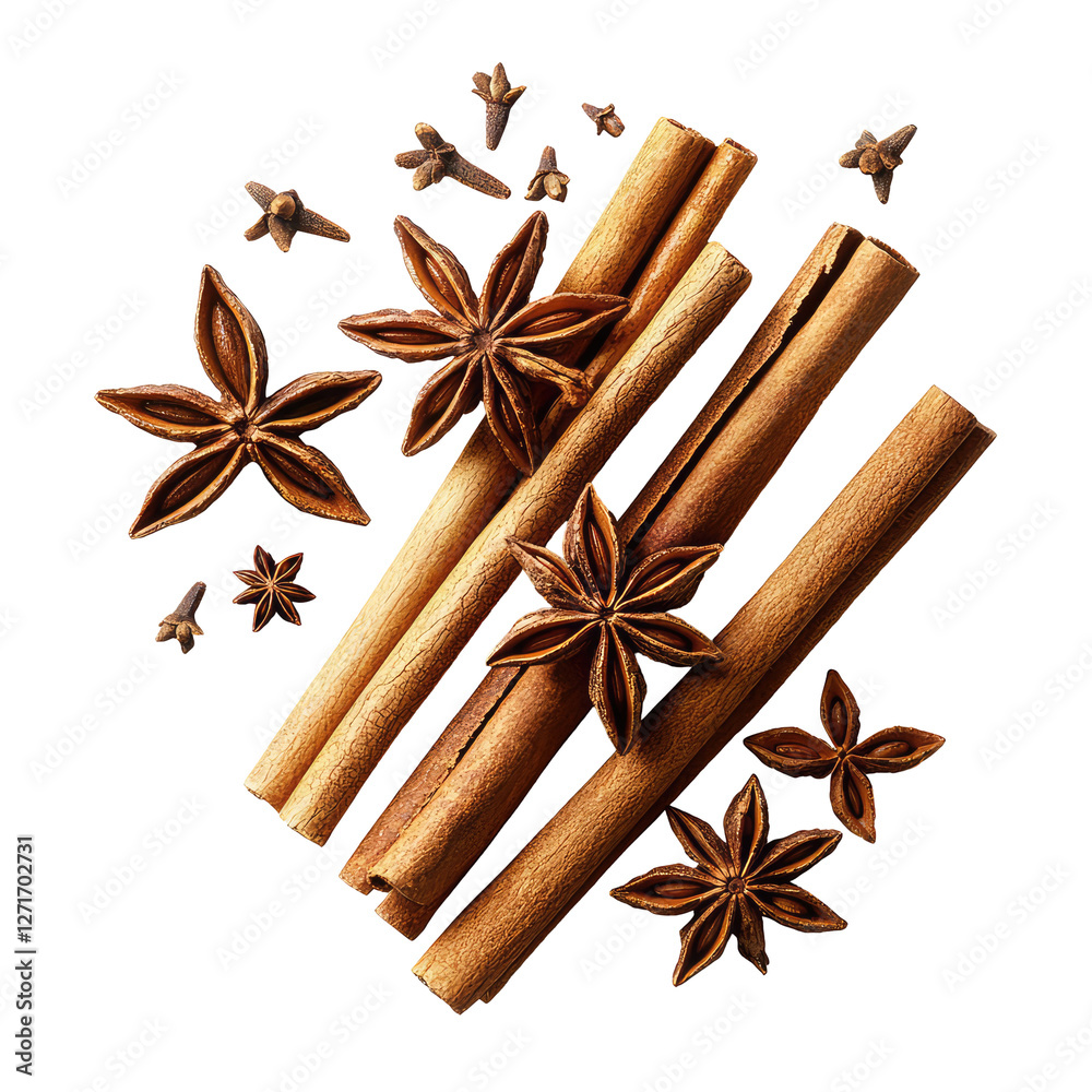 Star Anise and Cinnamon Sticks Arranged Together for Culinary and Decorative Uses in a Studio Setting Star Anise and Cinnamon Sticks Arranged Together for Culinary and Decorative Uses in a Studio Setting