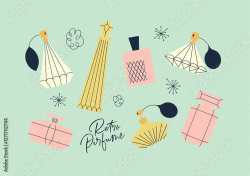 Obraz na płótnie Perfume bottle collection drawing with color in retro style on green background w salonie