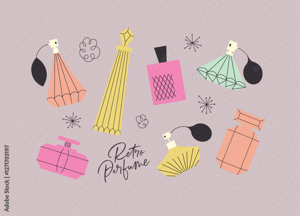 Perfume bottle collection drawing with color in retro style on violet background