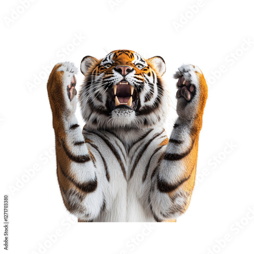 Majestic Roaring Tiger with Paws Raised in Aggressive Pose