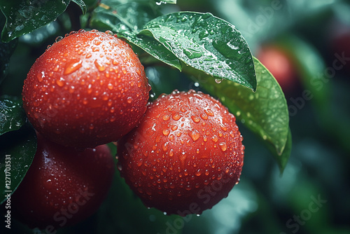 Crimson spheres adorned with glistening droplets in lush verdure