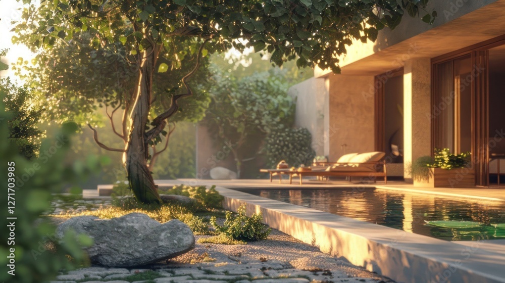 photorealistic of a greek house inspired with biophilia and minimalistic style, add wood materials, and a glimpse of the pool photorealistic of a greek house inspired with biophilia and minimalistic style, add wood materials, and a glimpse of the pool