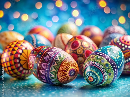 Colorful Easter Eggs with Bokeh, Festive Spring Pattern, Blue Background Stock Photo