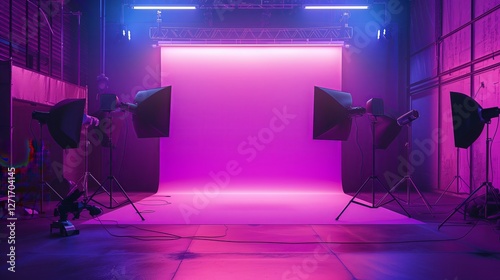 purple empty photo studio with lighting equipment and black walls