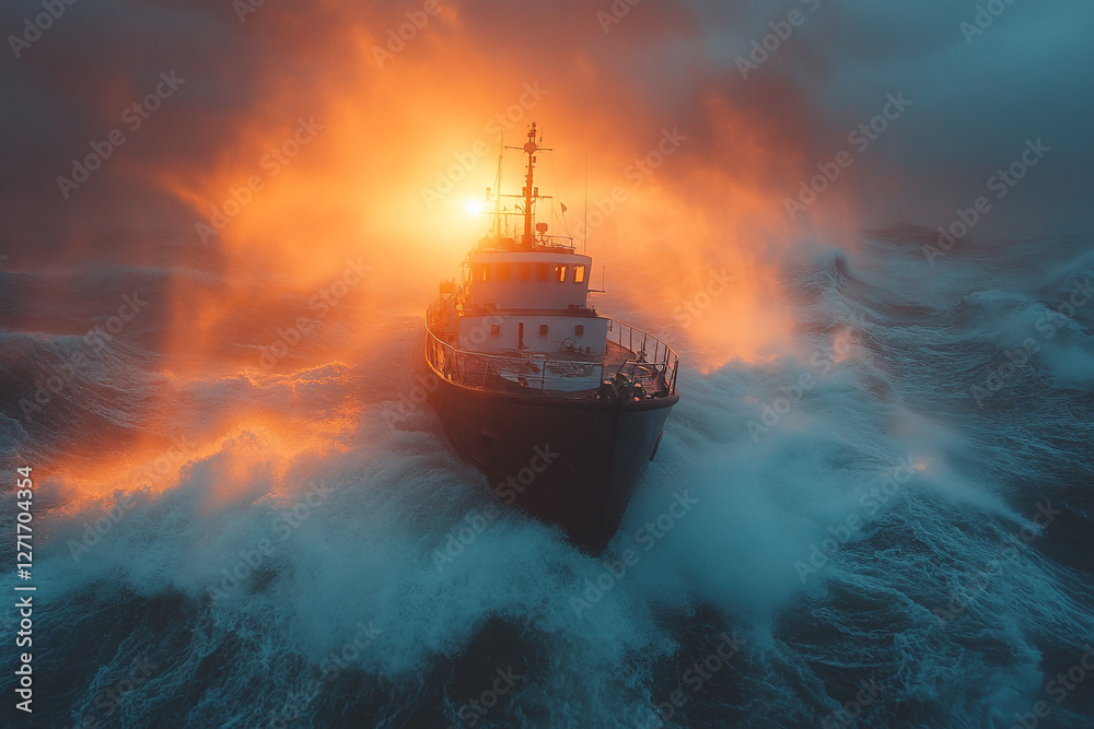 Obraz premium Ship battling the ocean's fury illuminated by ethereal sunset glow