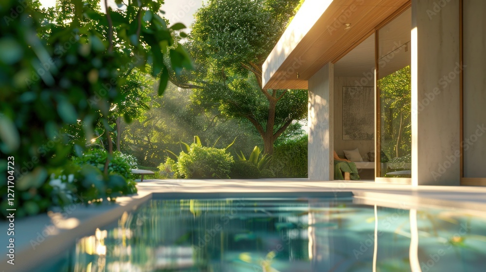 Fototapeta premium photorealistic of a greek house inspired with biophilia and minimalistic style, add wood materials, and a glimpse of the pool