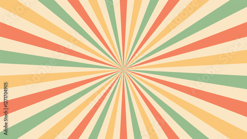 Sunray circus-inspired retro background with a radial vintage burst. Sunburst pattern featuring striped beams and starburst lines. Old poster-style vector illustration.