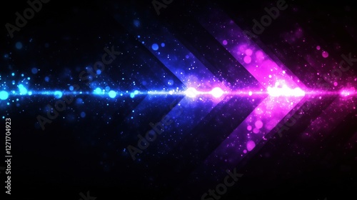 A vibrant abstract background with blue and pink light effects and bokeh elements.