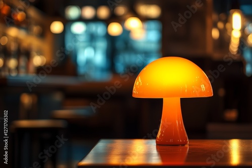 sleek orange mushroom lamp in minimal bar interior lounge at the entrance, cozy ambience, low key lighting photo