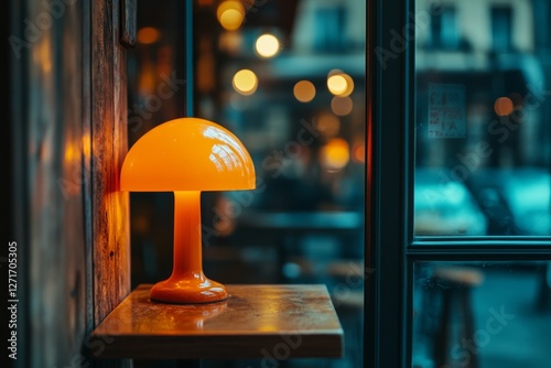 sleek orange mushroom lamp in minimal bar interior lounge at the entrance, cozy ambience, low key lighting, vintage old bar vibe, view through the window photo