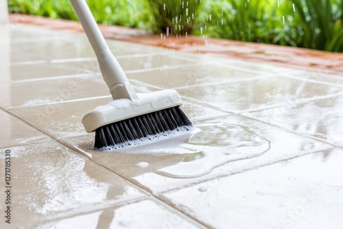 A brush scrubs soapy water on outdoor tiles, cleaning a patio or deck surface.