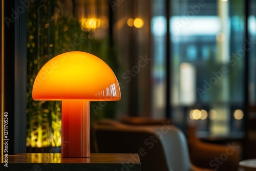 sleek orange mushroom lamp in minimal bar interior lounge at the entrance, cozy ambience, low key lighting photo