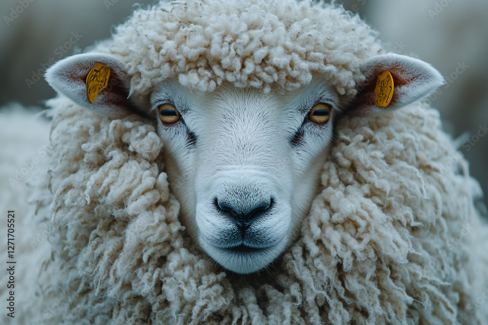 Serene sheep portrait with golden eyes peering from wooly cloud Serene sheep portrait with golden eyes peering from wooly cloud