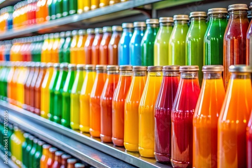 Wallpaper Mural Colorful Juice Bottles on Supermarket Shelf, Rows of Refreshing Drinks, Grocery Store Product Display Torontodigital.ca