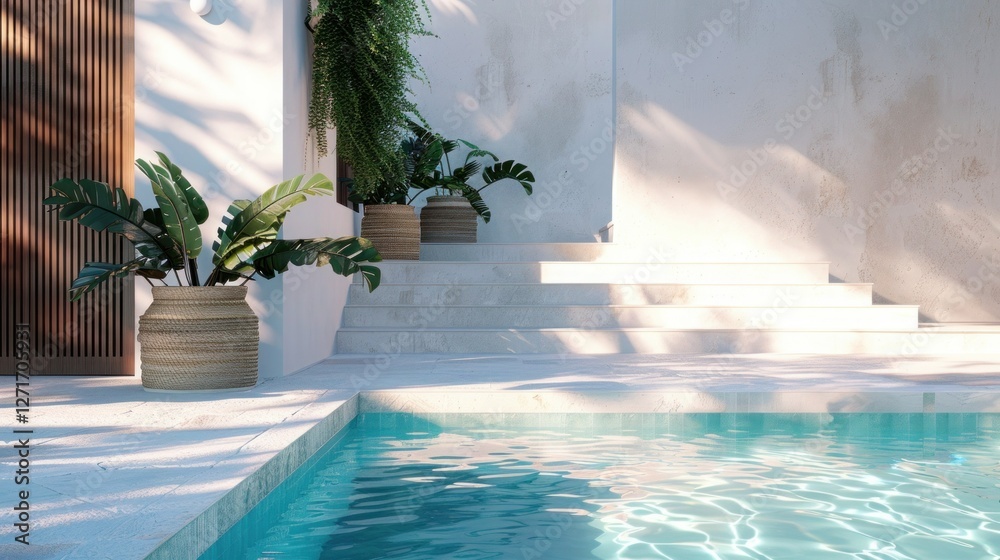 Fototapeta premium photorealistic of a greek house inspired with biophilia and minimalistic style, add wood materials, and a glimpse of the pool
