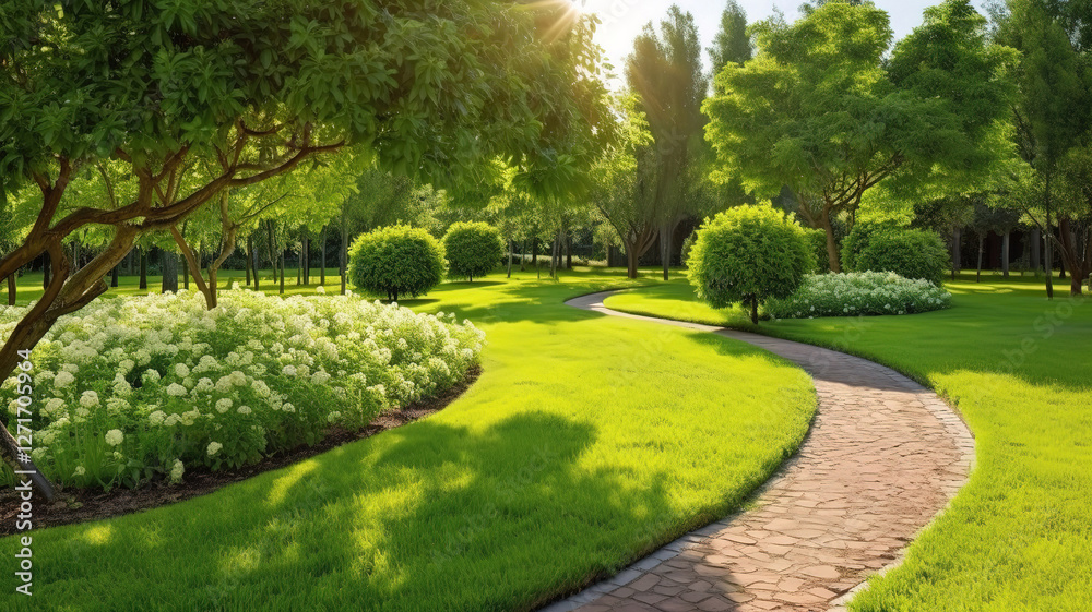 Naklejka premium Scenic Summer Garden Path with Trees and Lawn in a Tranquil Landscape