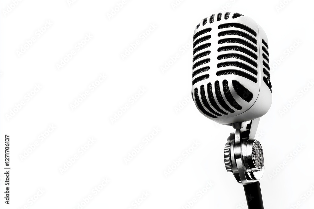 Isolated retro microphone positioned against a clean white backdrop. Isolated retro microphone positioned against a clean white backdrop.