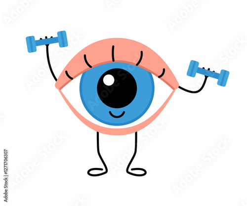 Exercise, workout with dumbbell for eyes, cute character. Training eye muscles. Train your eyesight. Vector cartoon illustration