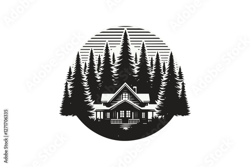 illustration in vintage retro style showcasing a detailed forest cabin nestled among pine trees in black and white
