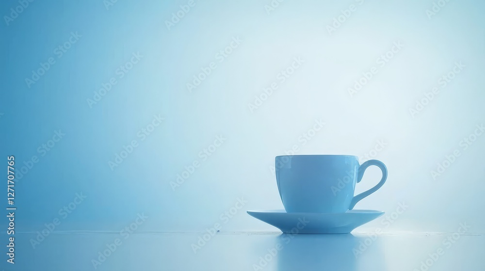 Still life of a single cup on table with tranquil blue background Still life of a single cup on table with tranquil blue background