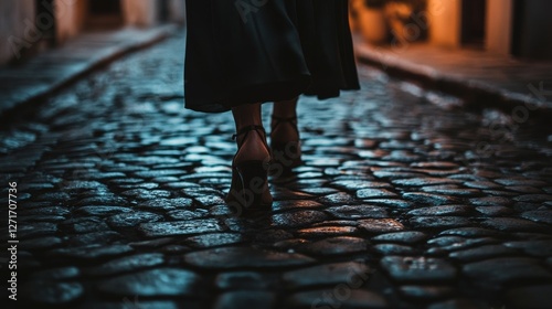 Brown boots on a woman's feet are walking down a wet cobblestone street photo