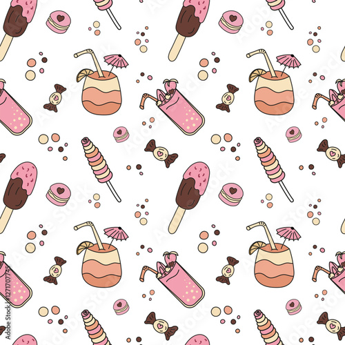 Vector Sweets doodle Seamless pattern with ice cream, cake, tropic cocktail, macaroons, sundae, popsicle. Color sample pattern for wallpaper, fabric, packaging, background