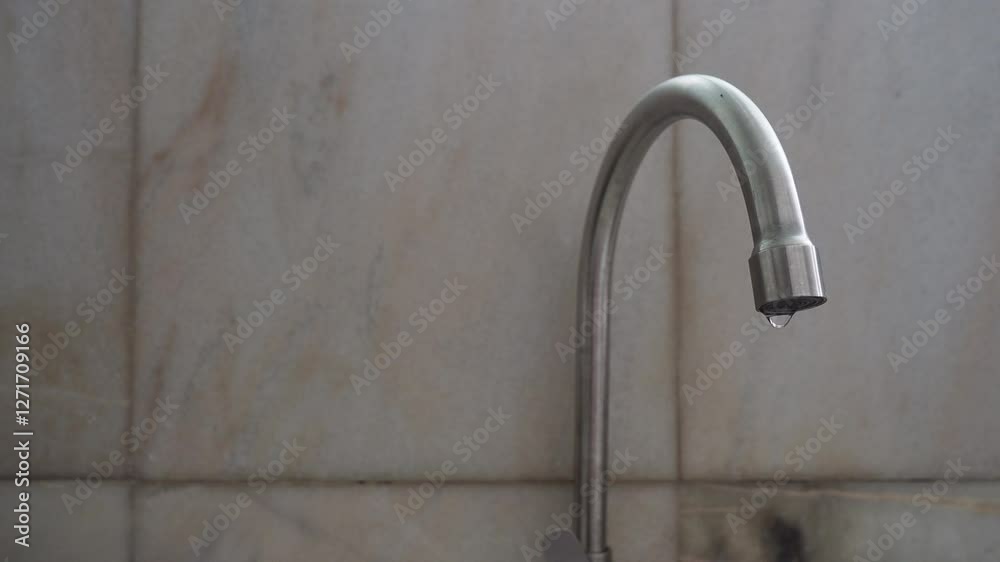 Faucet water drips - A stainless steel faucet tap with water dripping against a white marble tiles wall background