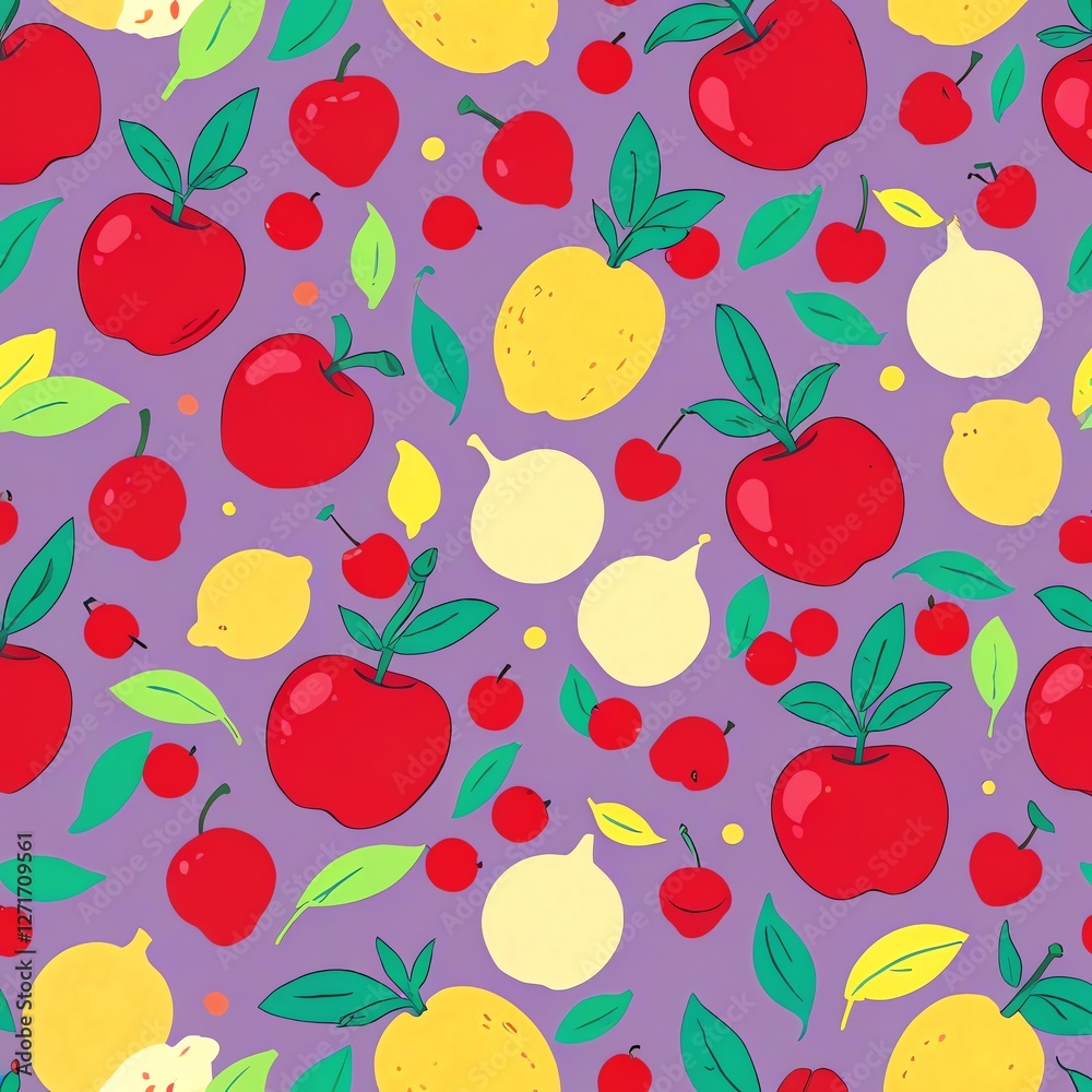 Vibrant Fruit Pattern: A Delightful Seamless Design Featuring Apples, Lemons, and Cherries Vibrant Fruit Pattern: A Delightful Seamless Design Featuring Apples, Lemons, and Cherries