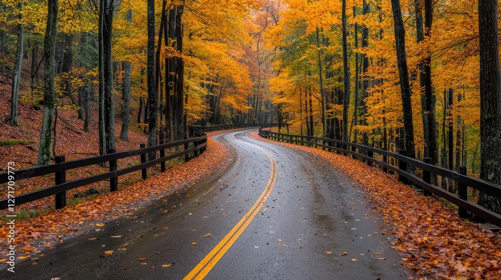 Obraz premium Winding road through autumn forest, leaves on ground, travel scenic route