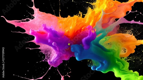 Explosive Spectrum: A dynamic display of vibrant colors explodes against a stark black backdrop, a visually striking composition of paint splatters, showcasing the beauty and power of color. 