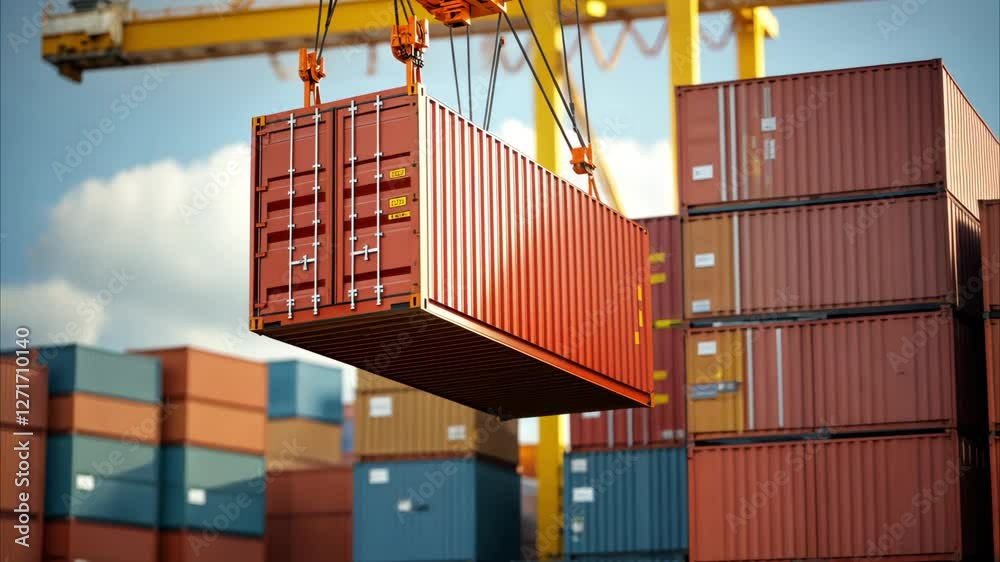 Shipping container lifted by crane at busy cargo port, highlighting industrial logistics and freight transportation activities.