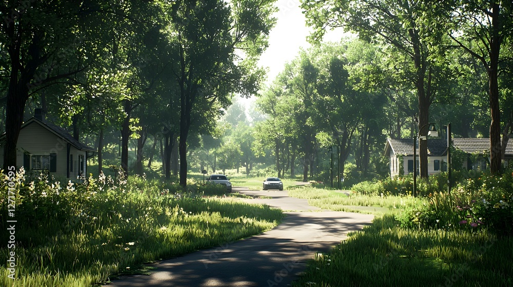 Fototapeta premium Sunlit Summer Road Through Green Trees and Overgrown Houses