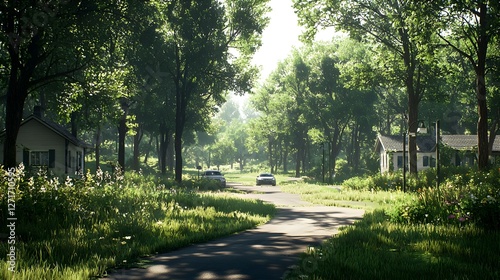 Sunlit Summer Road Through Green Trees and Overgrown Houses