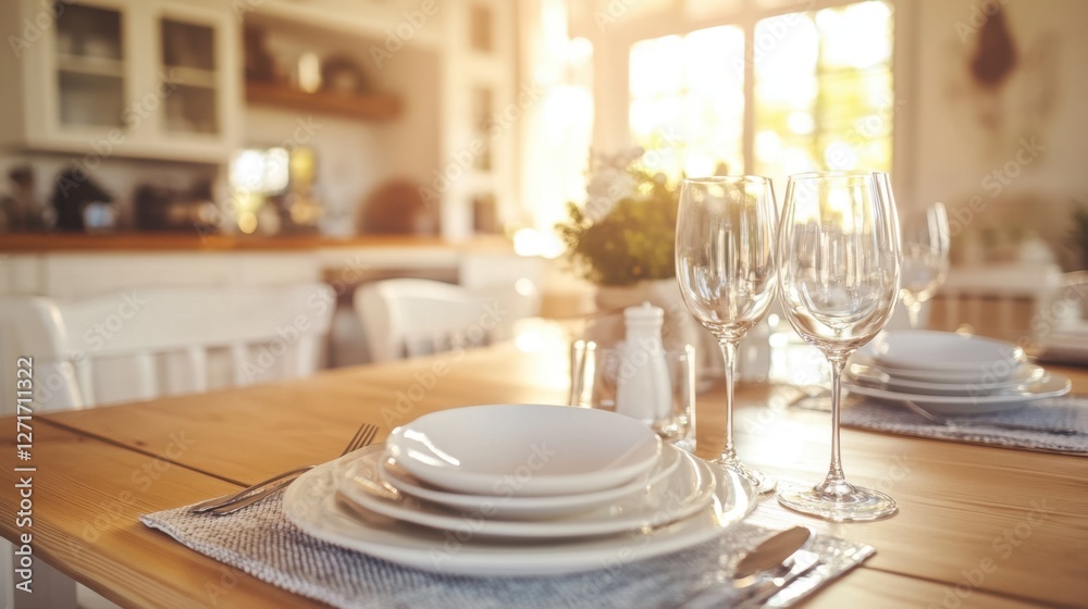 A modern wooden dining table set in a bright, minimalist kitchen with elegant tableware and a centerpiece. A modern wooden dining table set in a bright, minimalist kitchen with elegant tableware and a centerpiece.