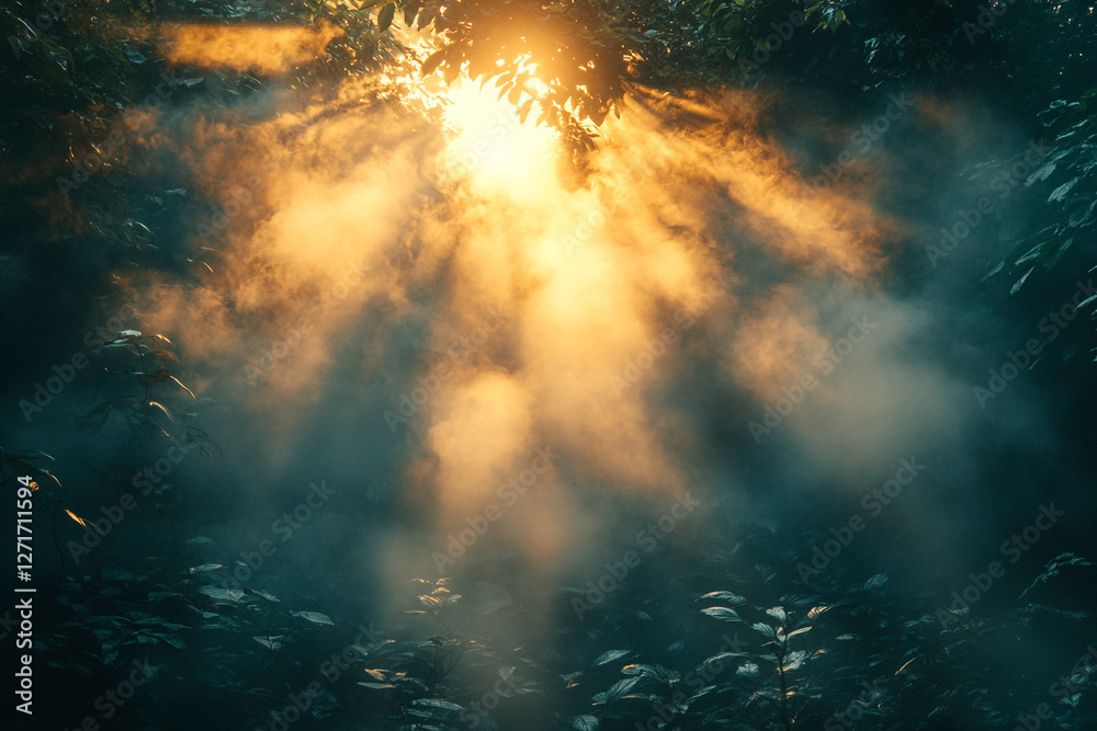 Obraz premium Enigmatic Rays, Sunlight Shimmering Through Forest Mist and Foliage