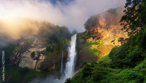 Majestic waterfall cascading down lush green mountainside in sunrise mist